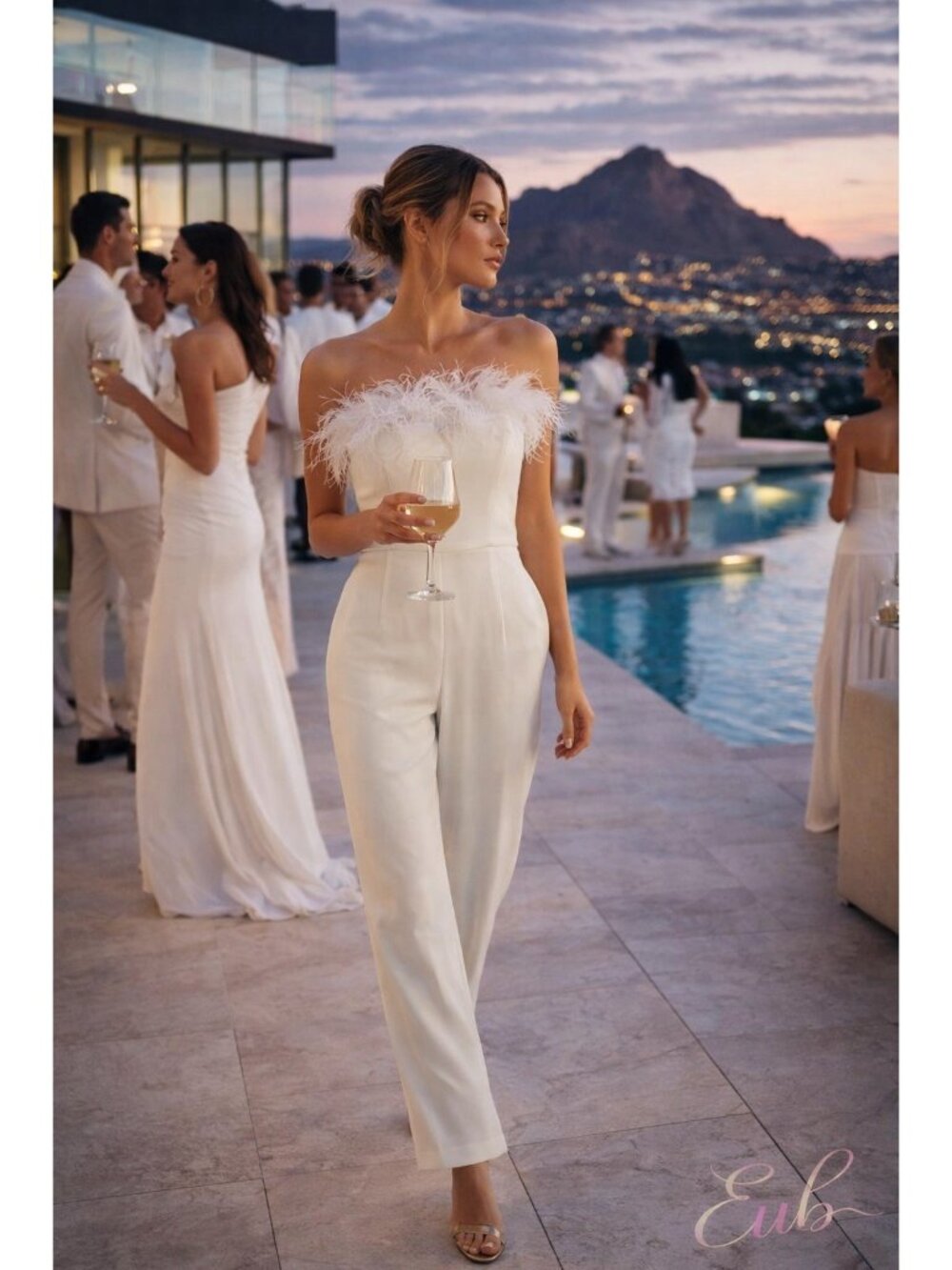 Mac Duggal Ieena Feather Trim Strapless Jumpsuit White Size 2 New With Tags